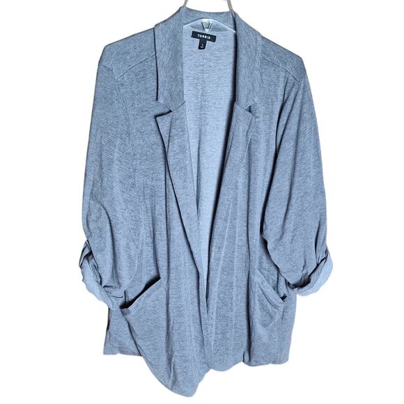 Torrid 5 Women 5x Plus Size Gray Knit Jersey Roll Tab Sleeve Flowy Blazer Jacket - Picture 2 of 7